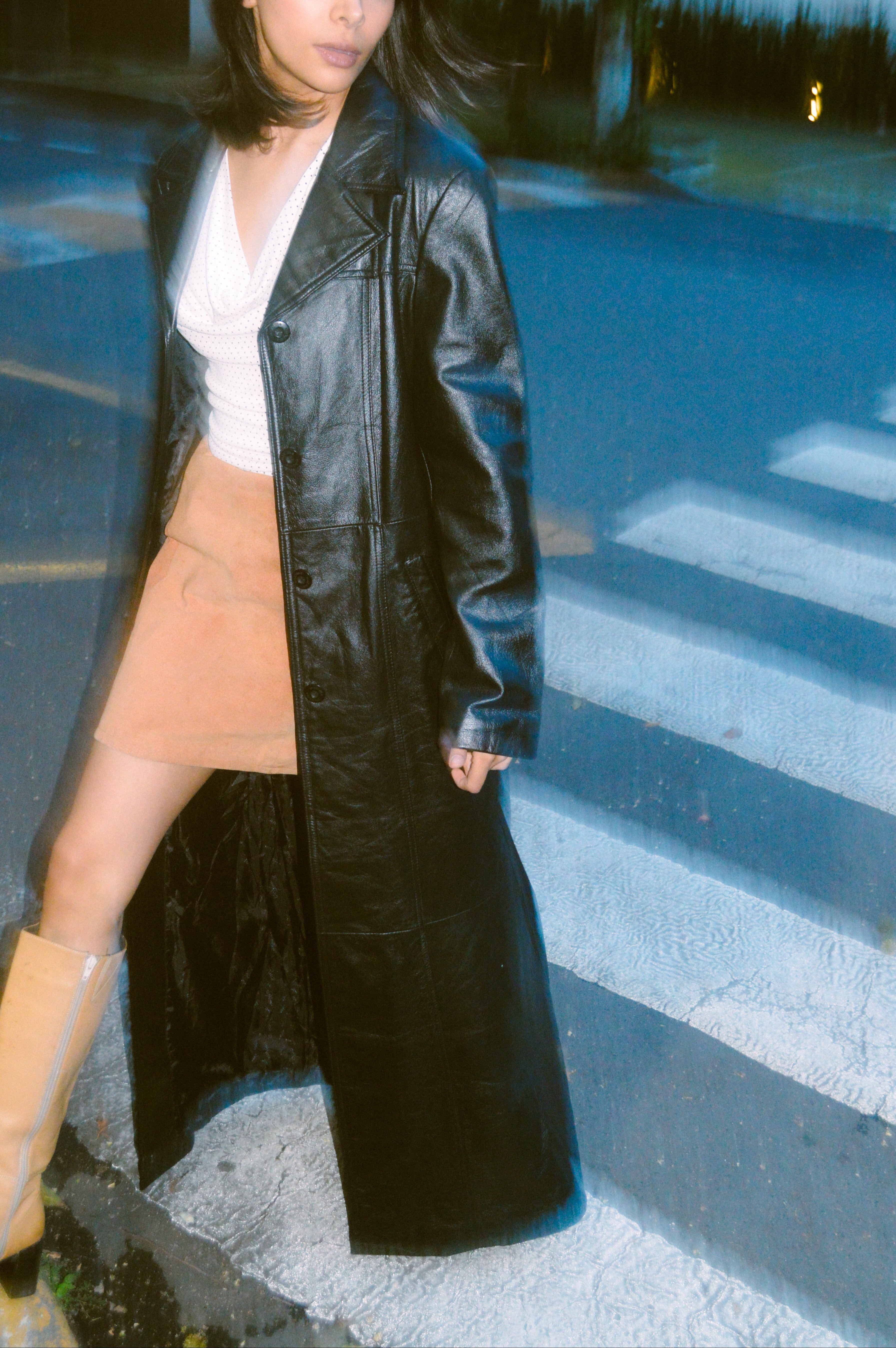 Gabardina de cuero extra larga M